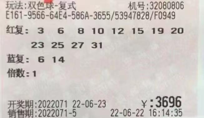 双色球晒票22071期